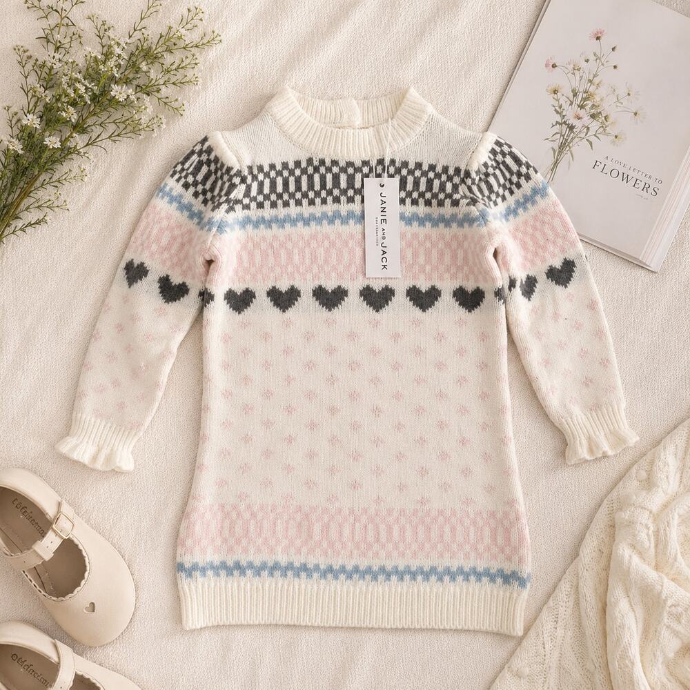 NWT Janie and Jack Fair Isle Heart Sweater Dress Girls Cream Pink Gray Knit